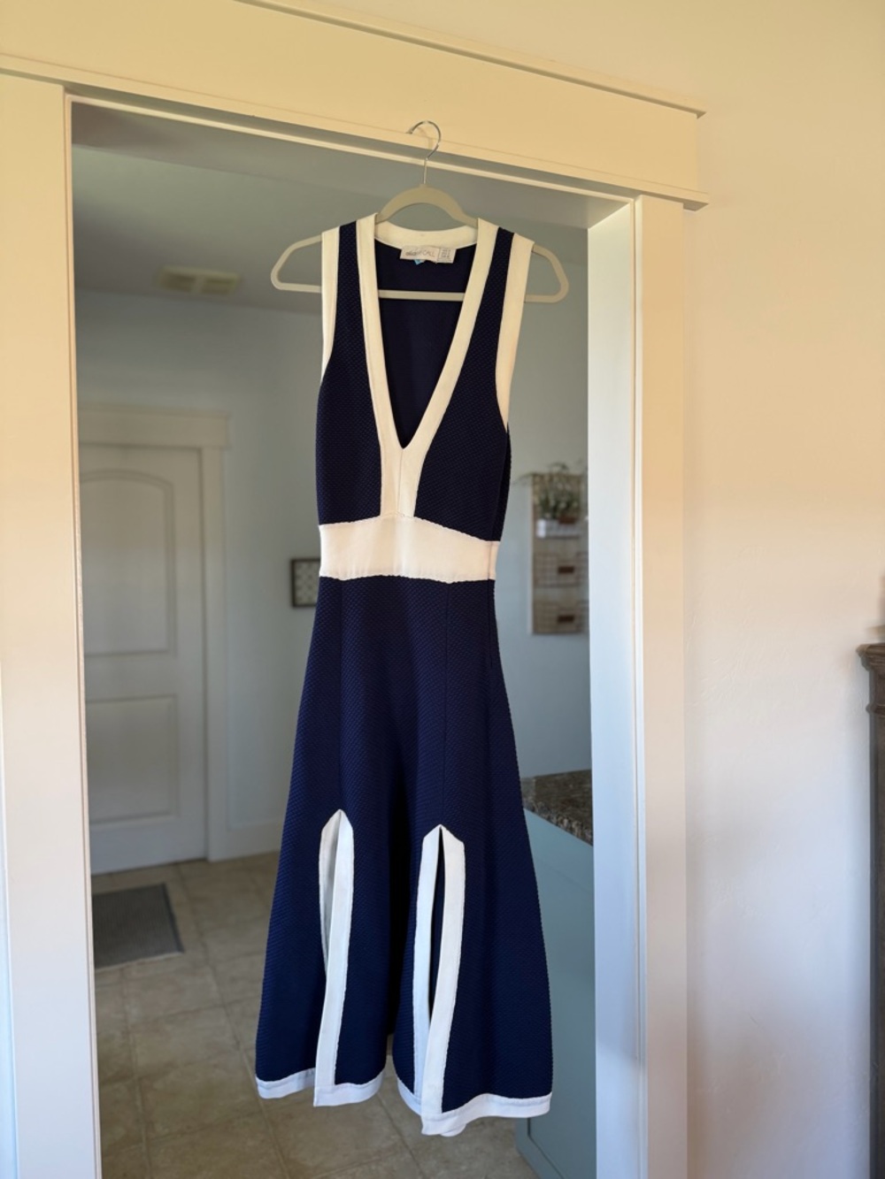 Alice + Olivia Navy and White V-Neck Fit-and-Flare Midi Dress